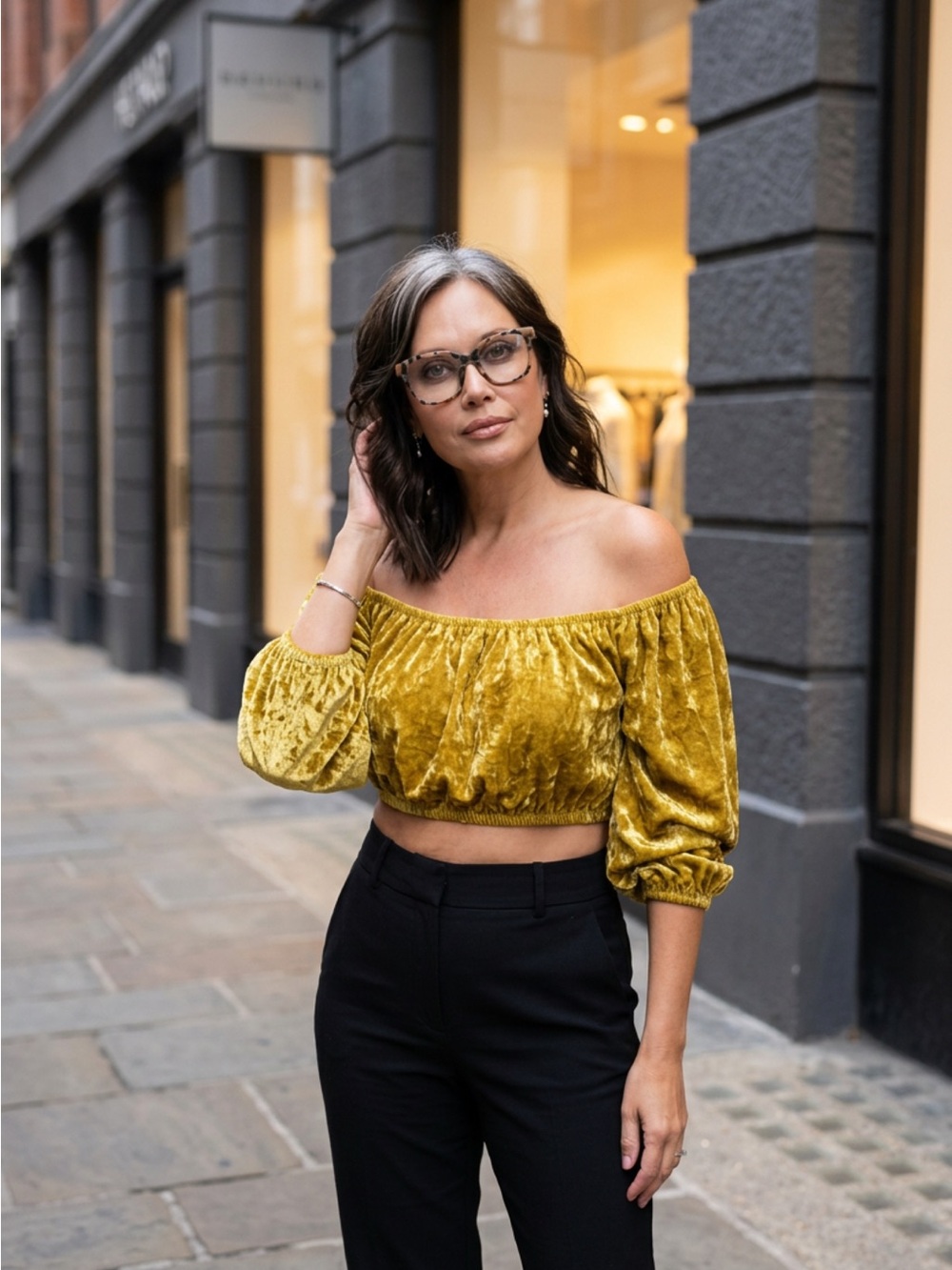 Off-Shoulder Velvet Crop Top in Mustard Yellow
